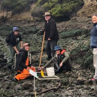 People on the rocky intertidal with field equipment for monitoring oysters. 